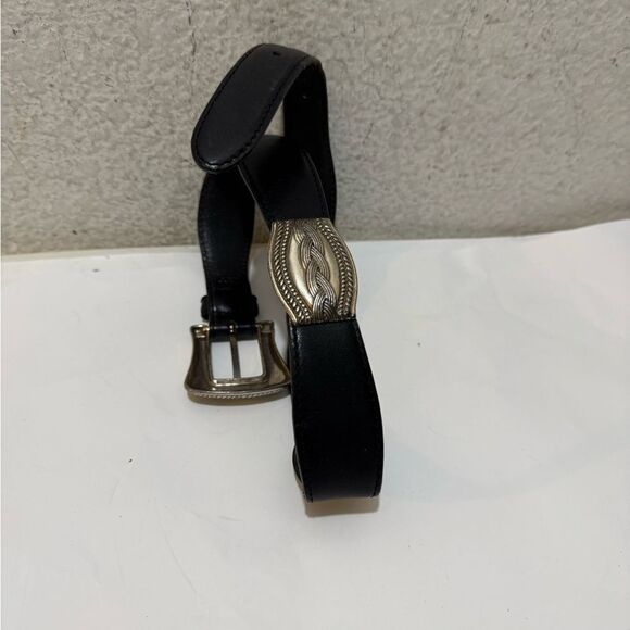 Fossil silver toned metal links leather  women's belt 34” Black Leather Size S - Picture 1 of 9